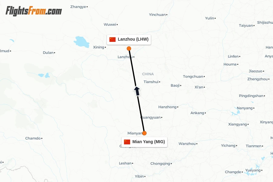 Flights from Mian Yang to Lanzhou route map