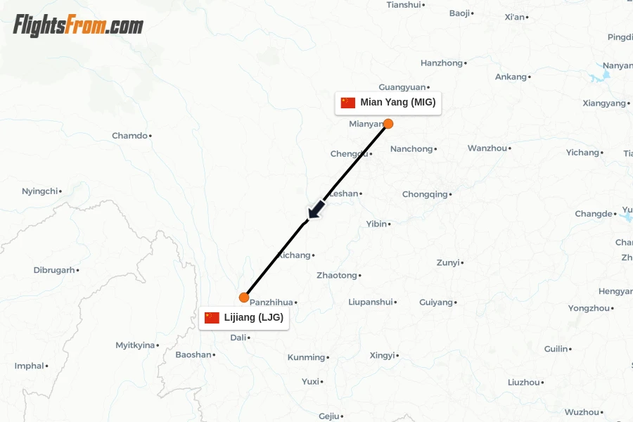 Flights from Mian Yang to Lijiang route map