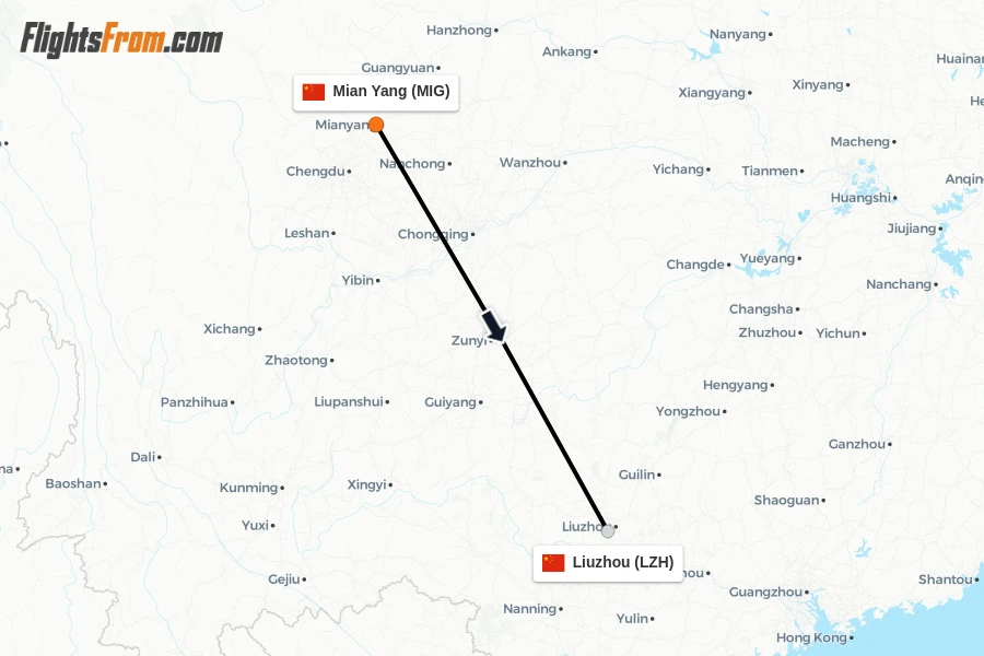 Flights from Mian Yang to Liuzhou route map