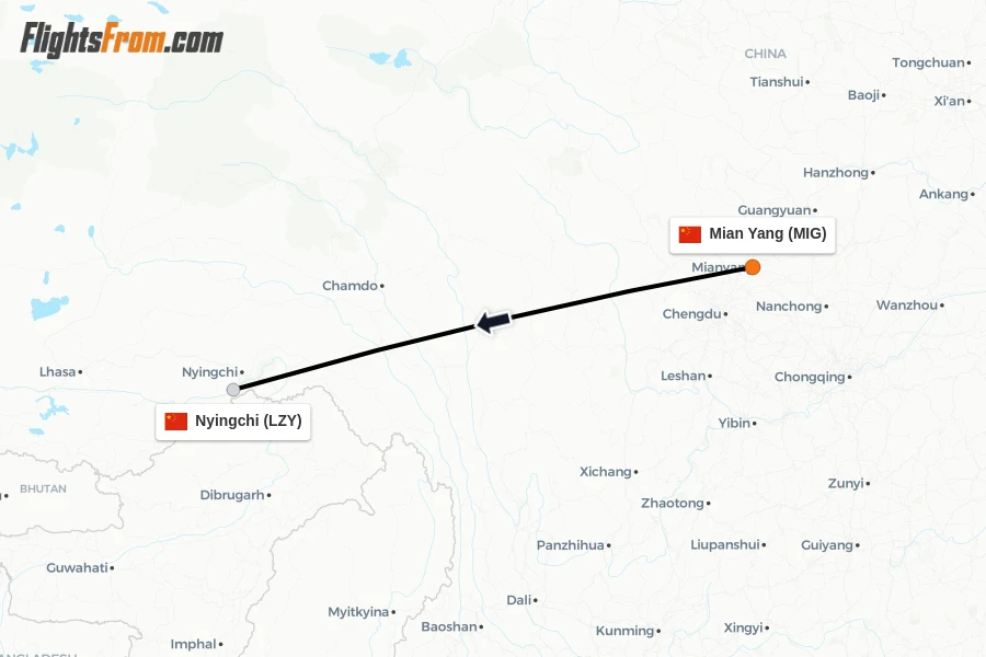 Flights from Mian Yang to Nyingchi route map