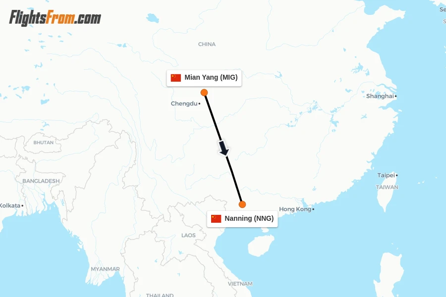 Flights from Mian Yang to Nanning route map