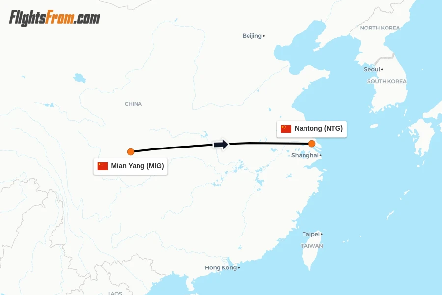 Flights from Mian Yang to Nantong route map