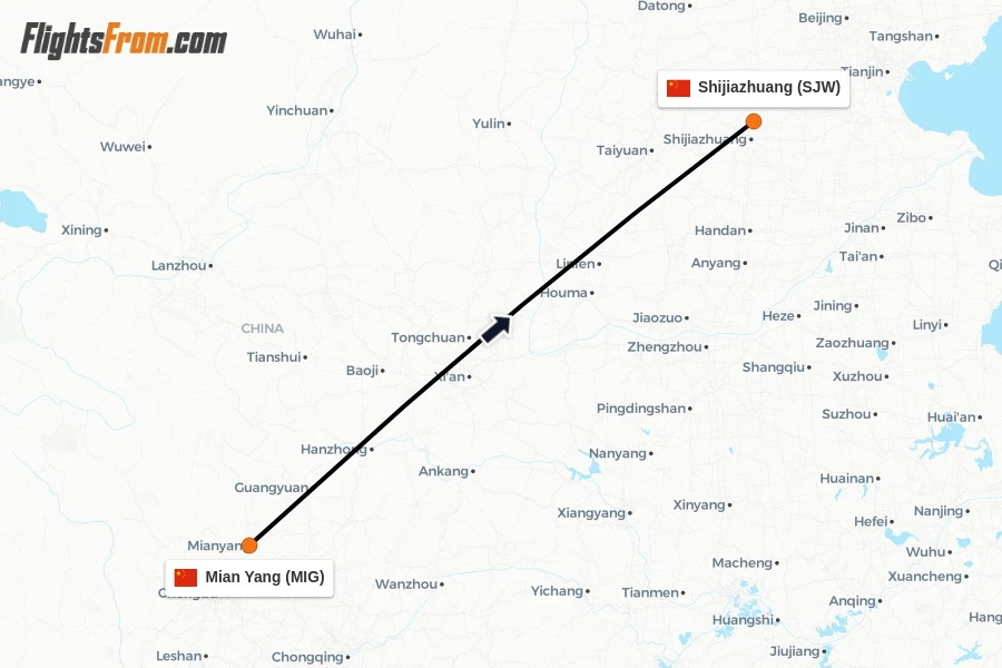 Flights from Mian Yang to Shijiazhuang route map