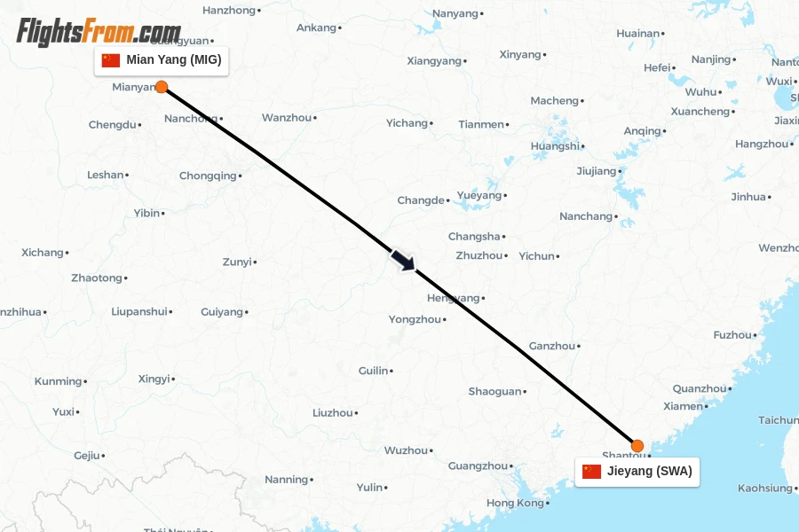 Flights from Mian Yang to Jieyang route map