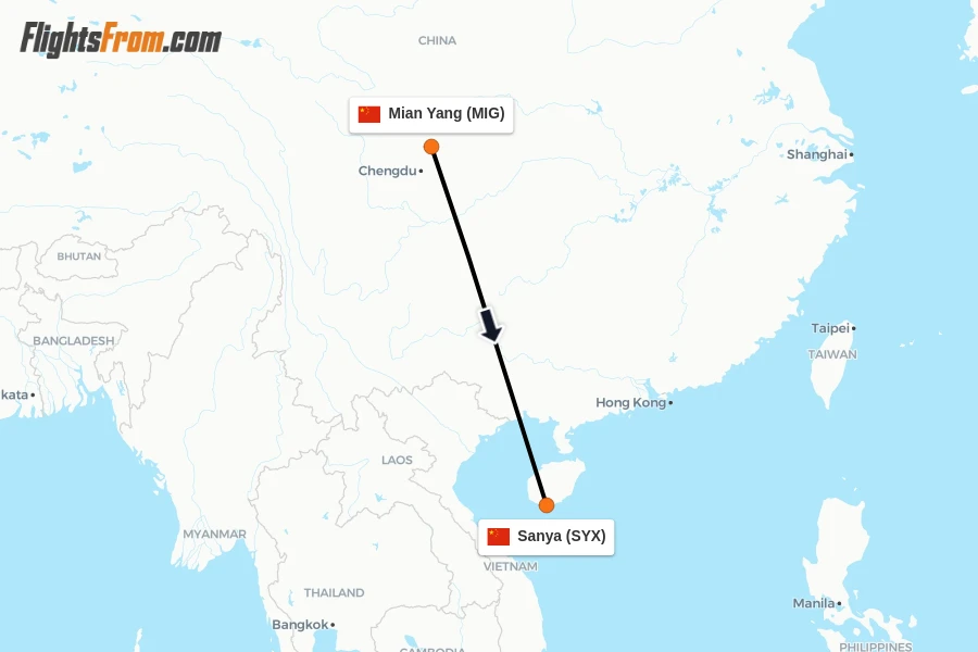 Flights from Mian Yang to Sanya route map