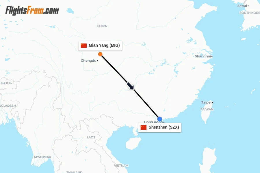 Flights from Mian Yang to Shenzhen route map