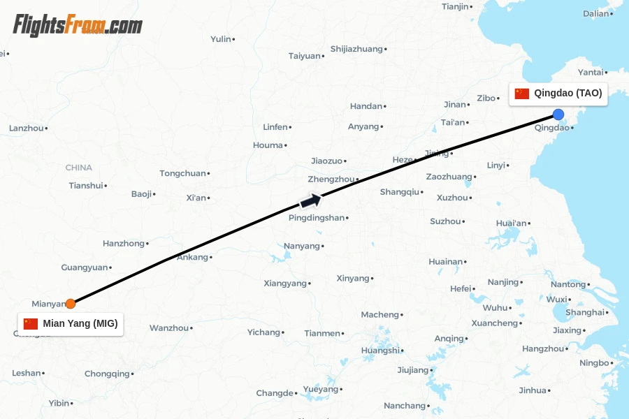 Flights from Mian Yang to Qingdao route map