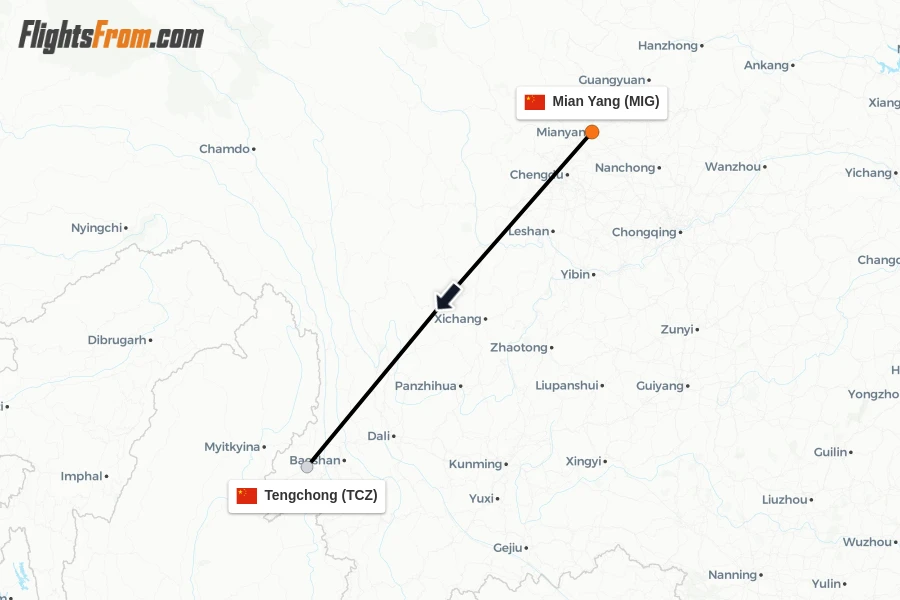 Flights from Mian Yang to Tengchong route map