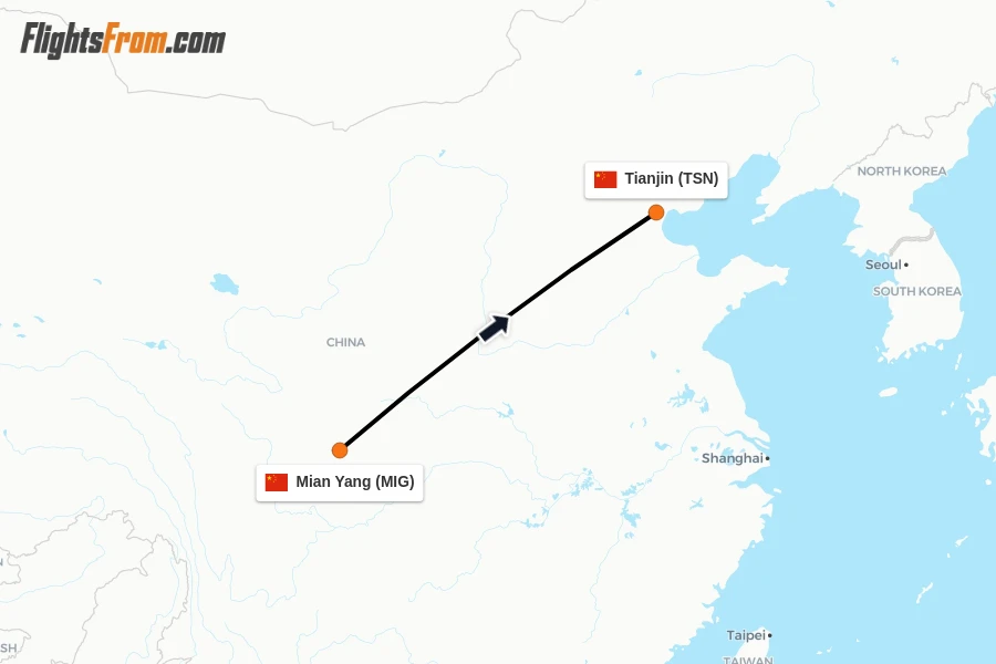 Flights from Mian Yang to Tianjin route map