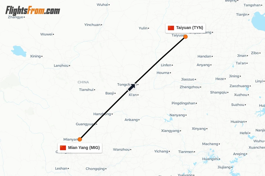 Flights from Mian Yang to Taiyuan route map
