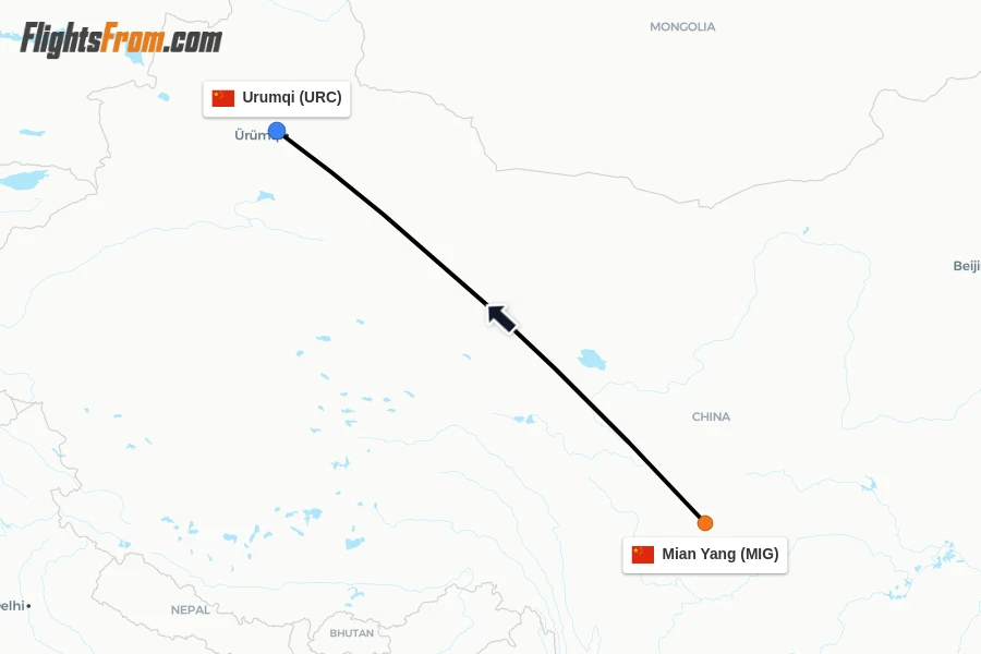 Flights from Mian Yang to Urumqi route map