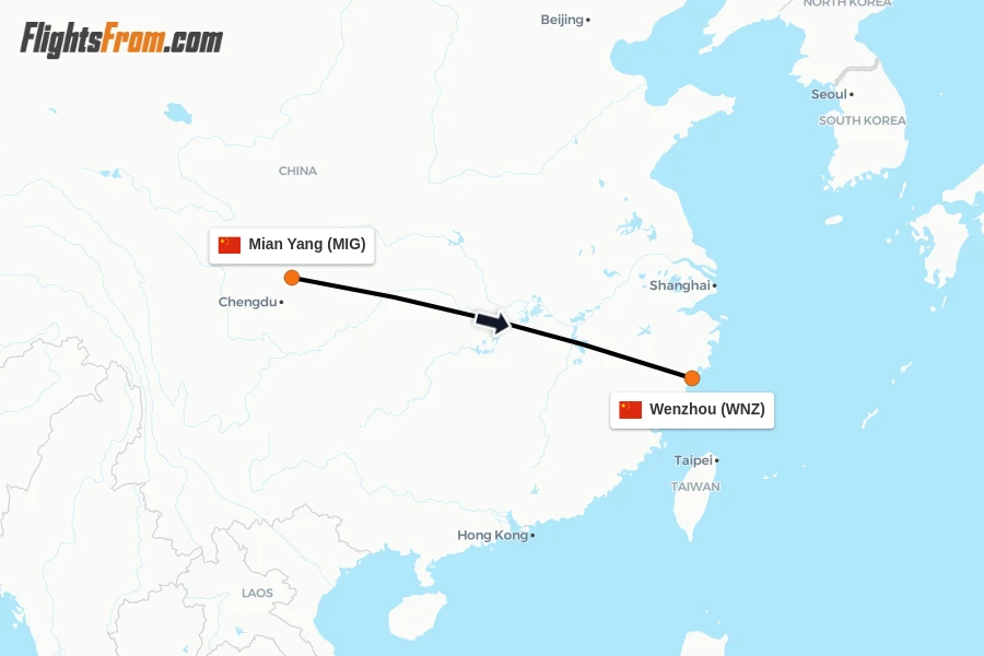 Flights from Mian Yang to Wenzhou route map
