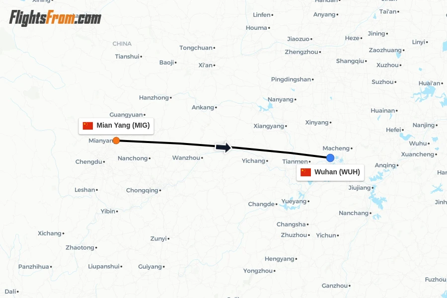 Flights from Mian Yang to Wuhan route map