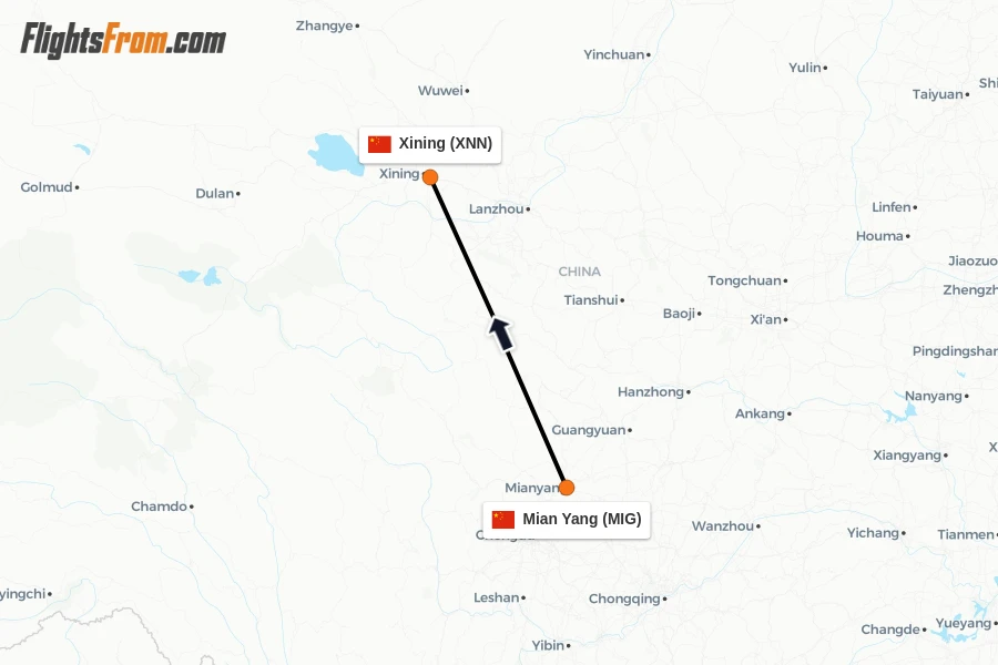 Flights from Mian Yang to Xining route map