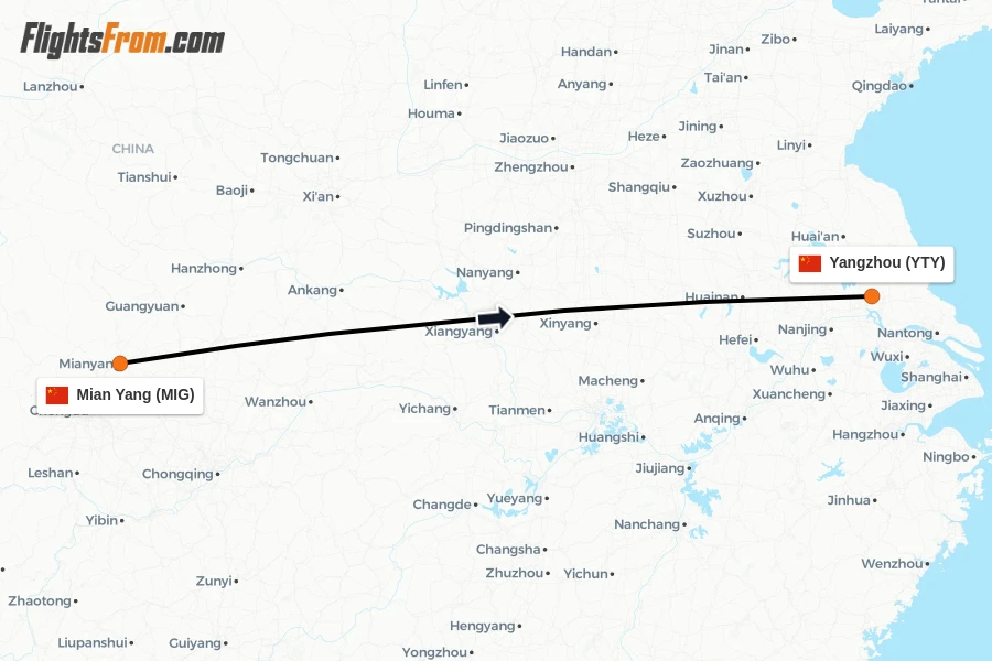 Flights from Mian Yang to Yangzhou route map