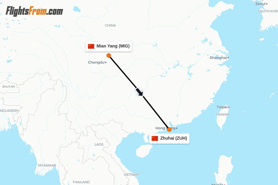 Flights from Mian Yang to Zhuhai route map