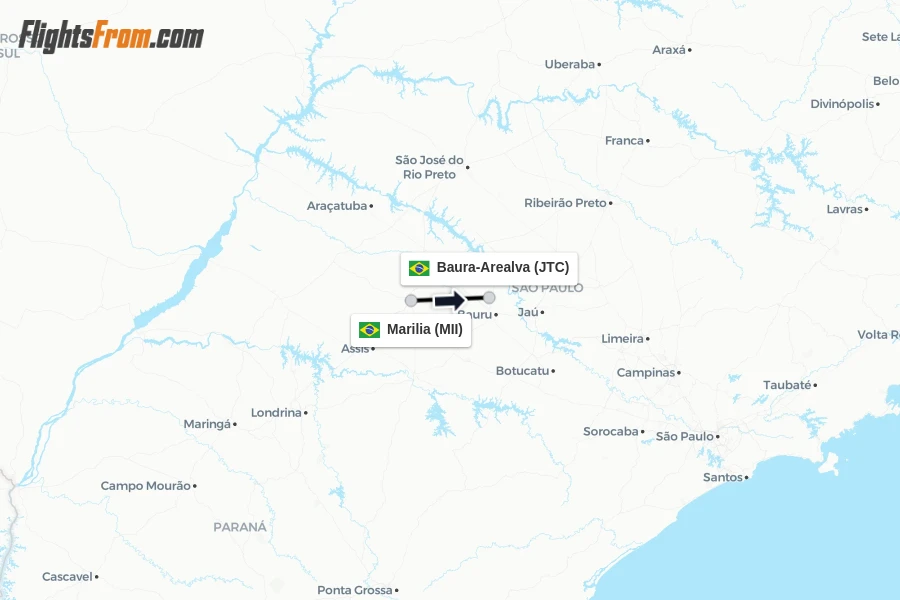 Flights from Marilia to Baura-Arealva route map