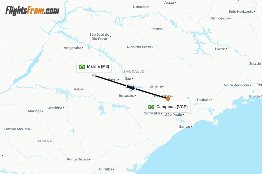 Flights from Marilia to Campinas route map