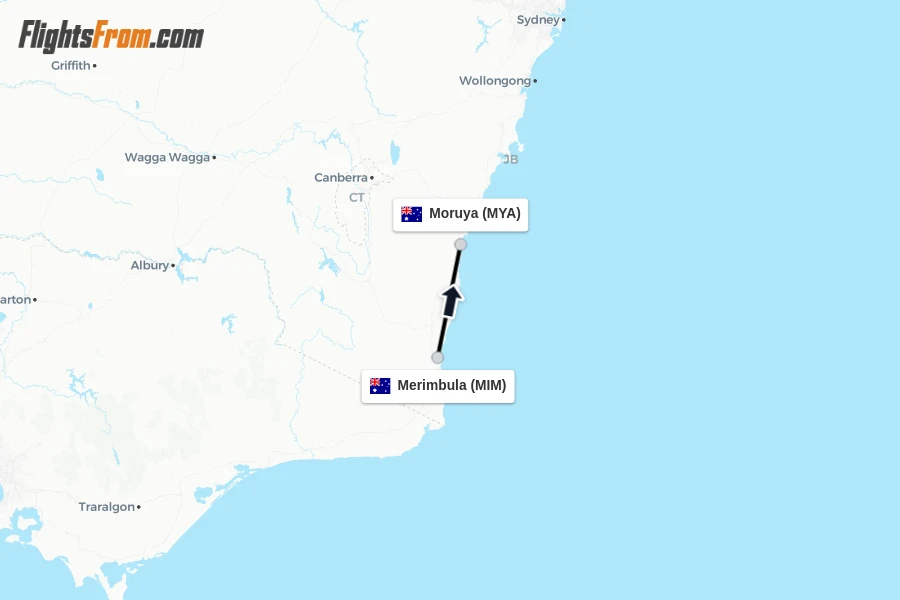 Flights from Merimbula to Moruya route map