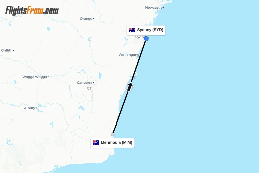 Flights from Merimbula to Sydney route map