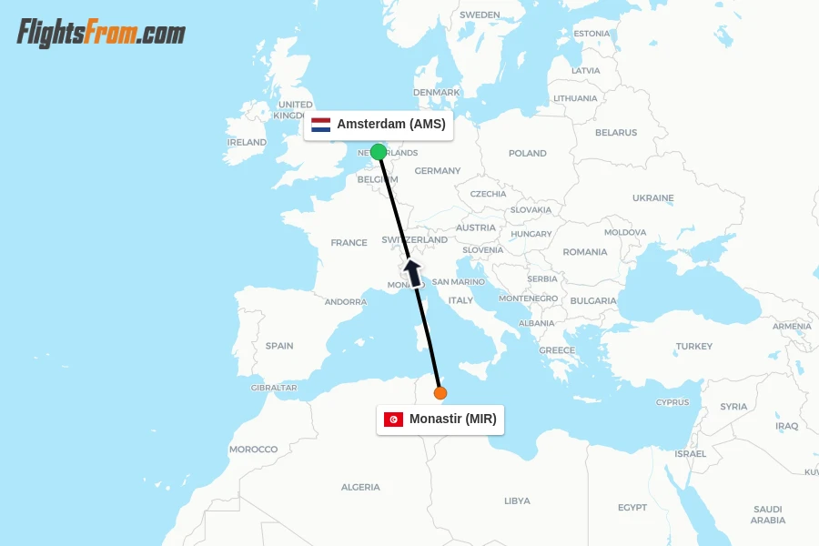 Flights from Monastir to Amsterdam route map