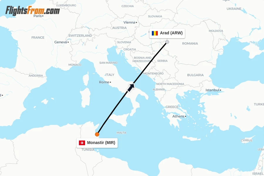 Flights from Monastir to Arad route map