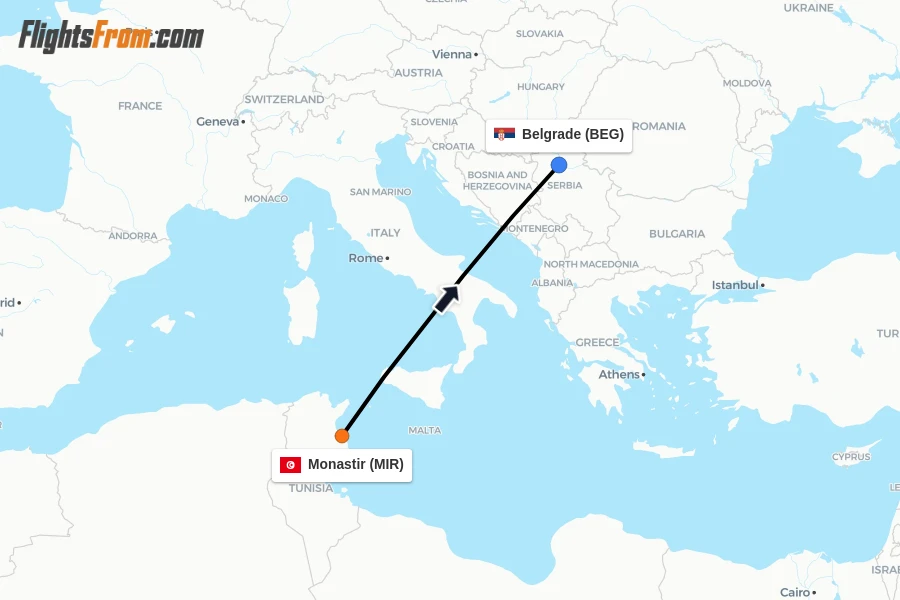 Flights from Monastir to Belgrade route map
