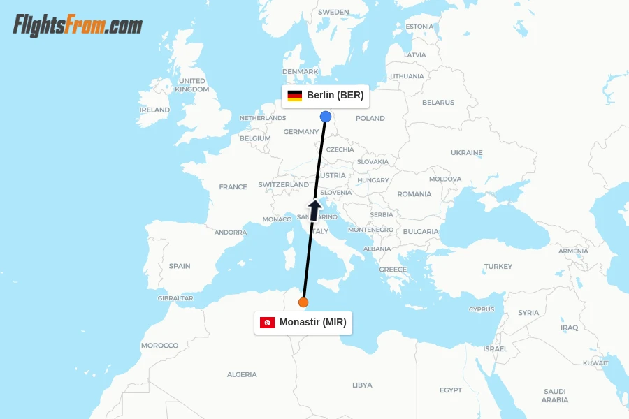 Flights from Monastir to Berlin route map