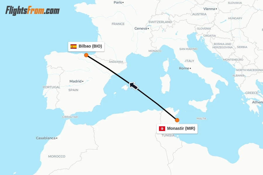 Flights from Monastir to Bilbao route map