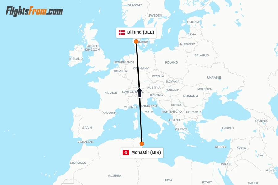 Flights from Monastir to Billund route map