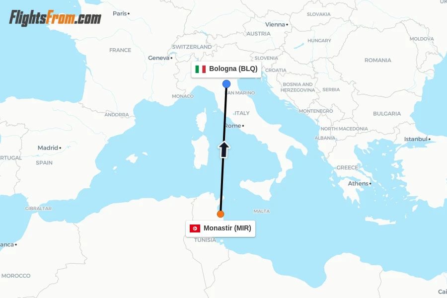 Flights from Monastir to Bologna route map