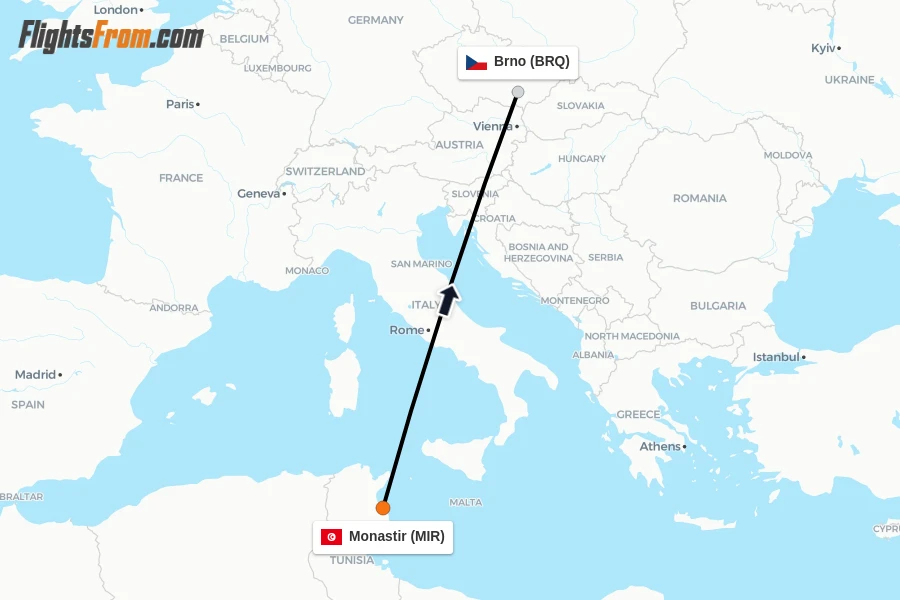 Flights from Monastir to Brno route map