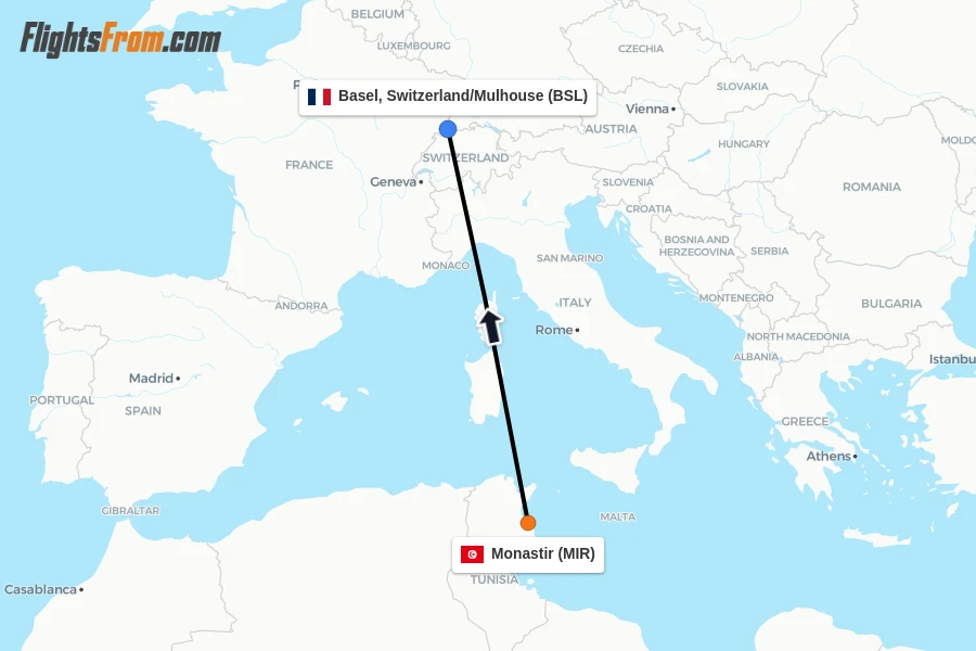 Flights from Monastir to Basel, Switzerland/Mulhouse route map