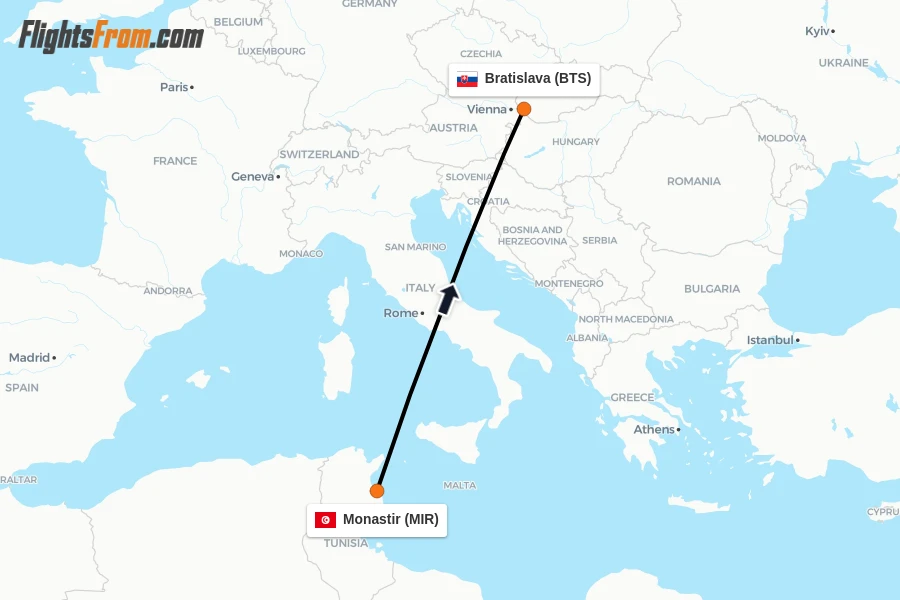 Flights from Monastir to Bratislava route map
