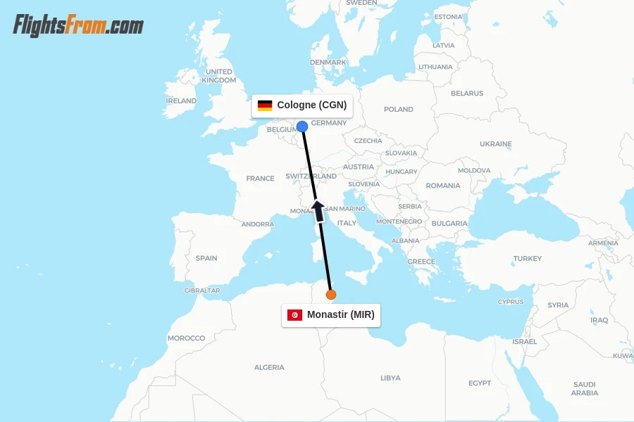 Flights from Monastir to Cologne route map
