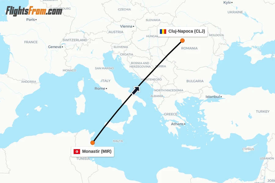 Flights from Monastir to Cluj-Napoca route map