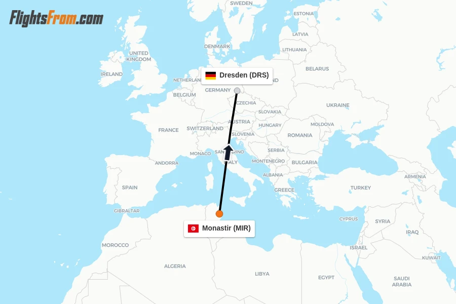 Flights from Monastir to Dresden route map