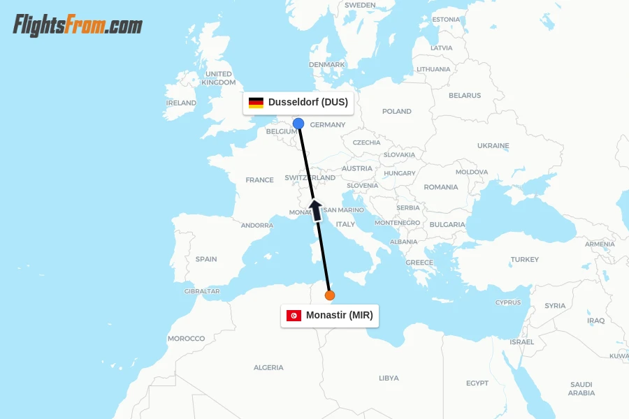 Flights from Monastir to Dusseldorf route map