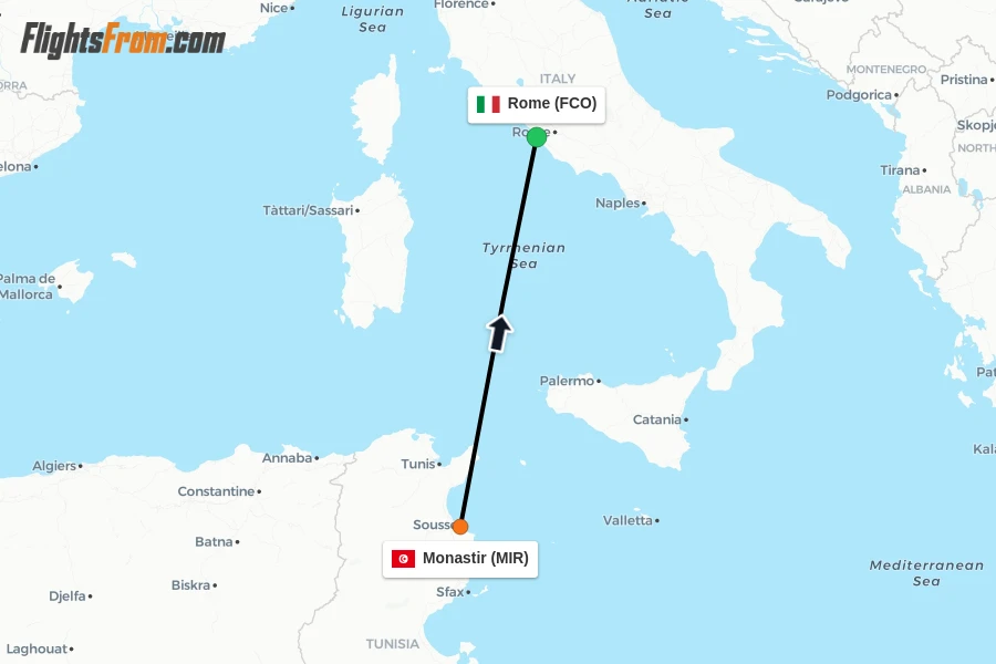Flights from Monastir to Rome route map