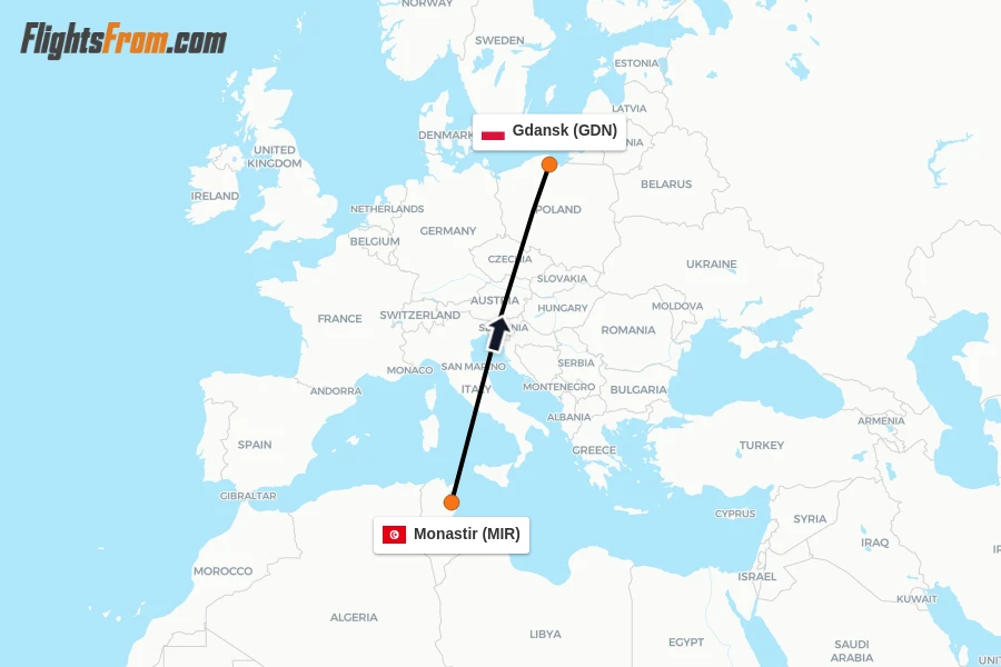 Flights from Monastir to Gdansk route map