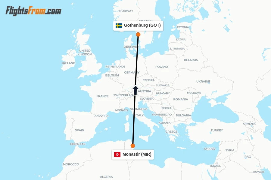 Flights from Monastir to Gothenburg route map