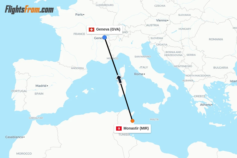 Flights from Monastir to Geneva route map