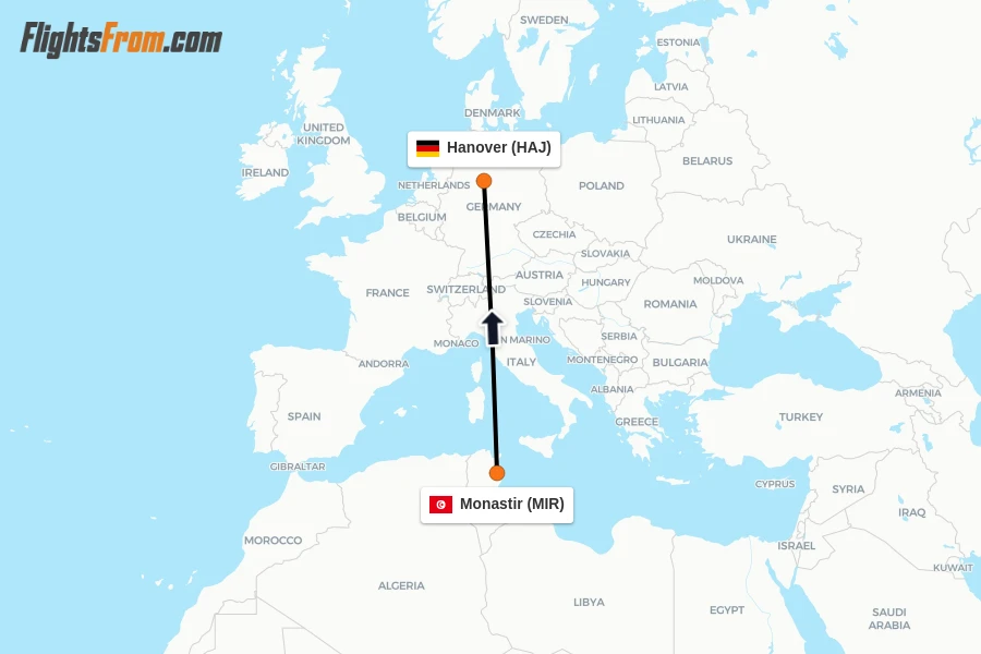 Flights from Monastir to Hanover route map