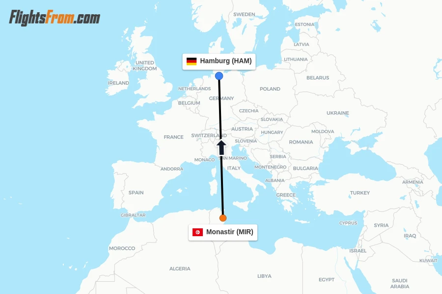 Flights from Monastir to Hamburg route map
