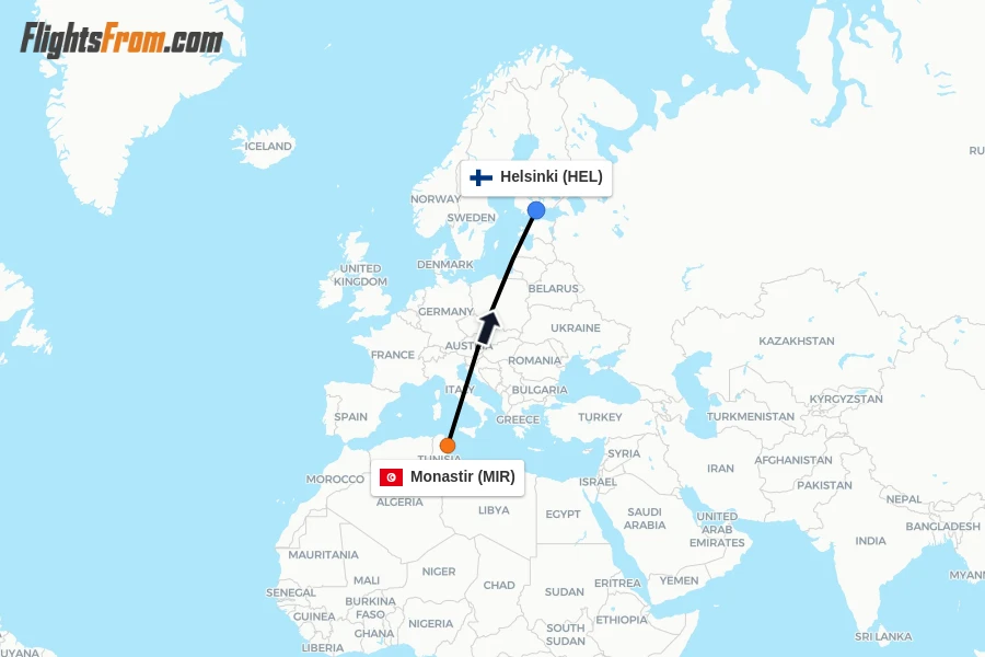Flights from Monastir to Helsinki route map