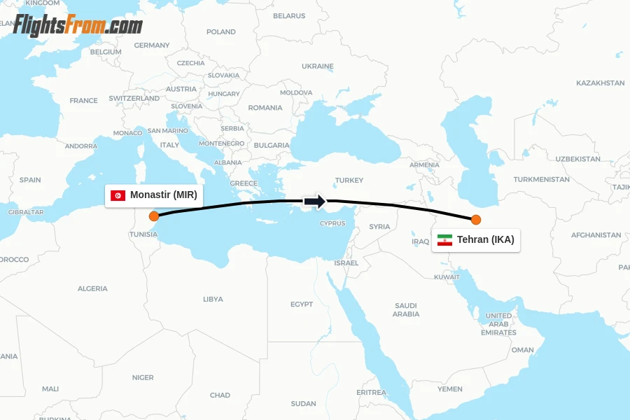 Flights from Monastir to Tehran route map