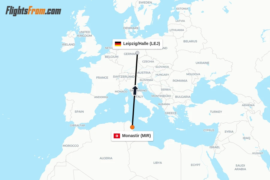 Flights from Monastir to Leipzig/Halle route map