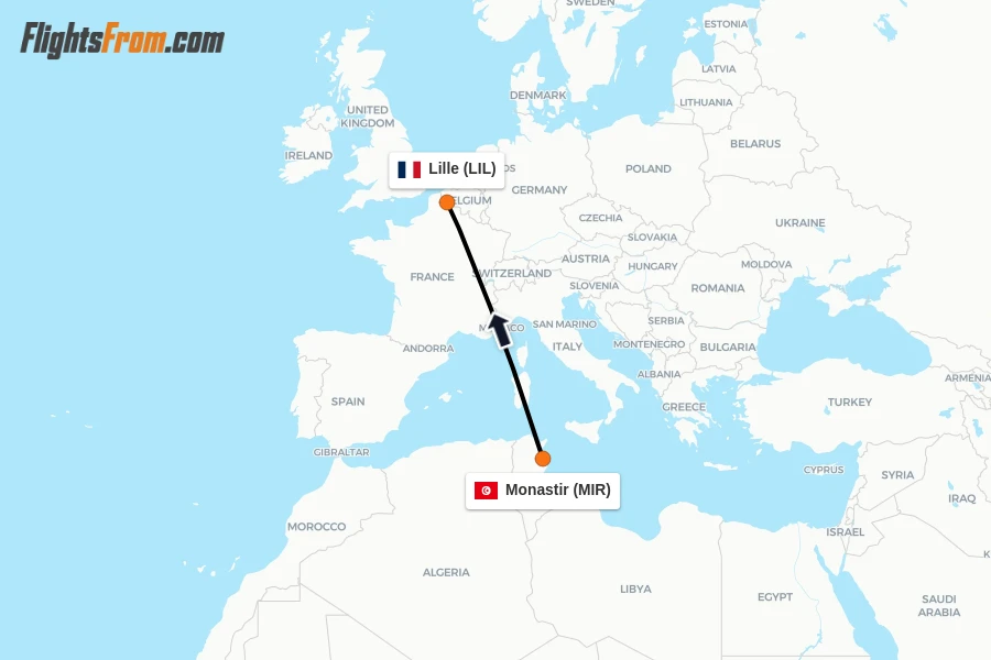 Flights from Monastir to Lille route map