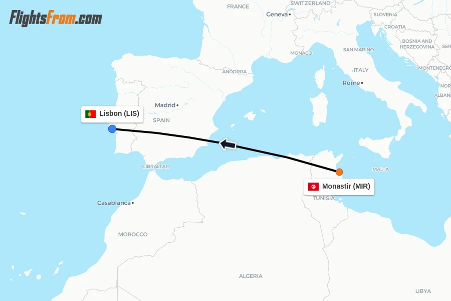 Flights from Monastir to Lisbon route map