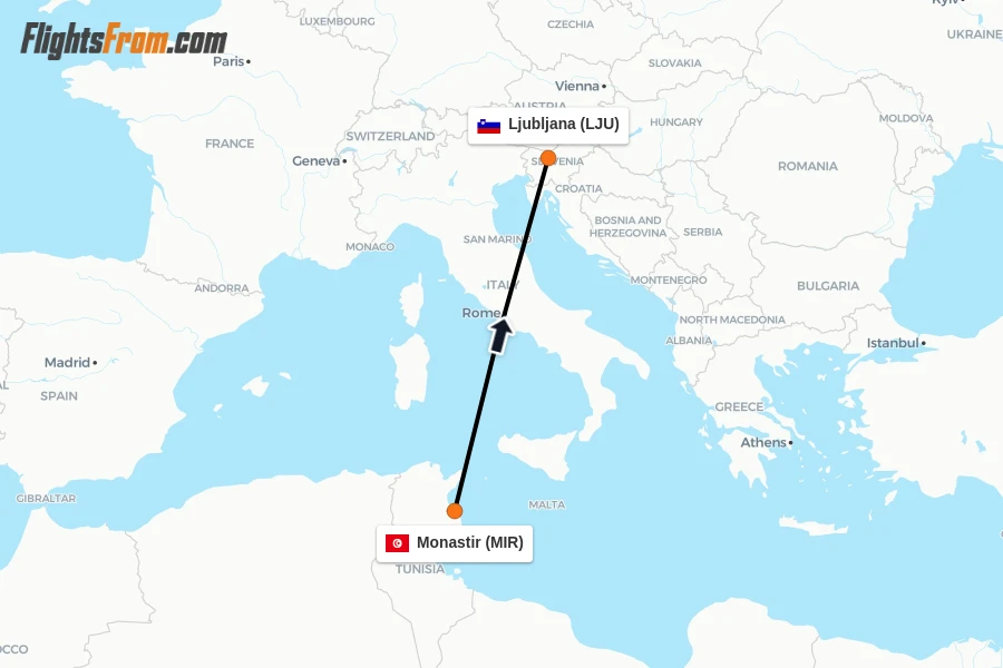Flights from Monastir to Ljubljana route map